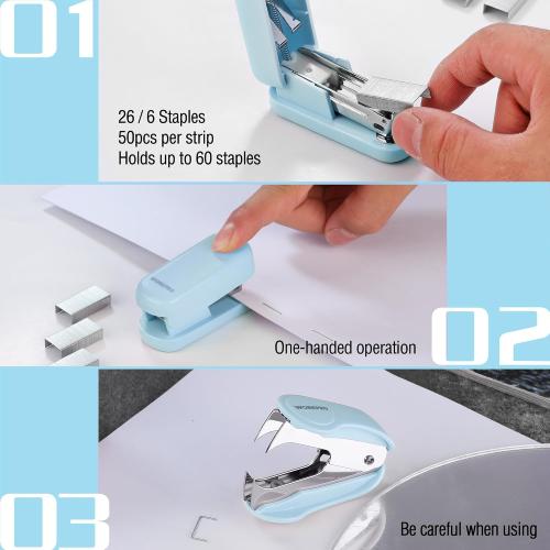 WORKPRO Mini Stapler with Staples, Blue Stapler Set Includes Two Small Staplers, One Staple Remover, 2000 Standard Staples, Lock Design, Non-Slip Base - Staplers for Desk, Classroom, Office