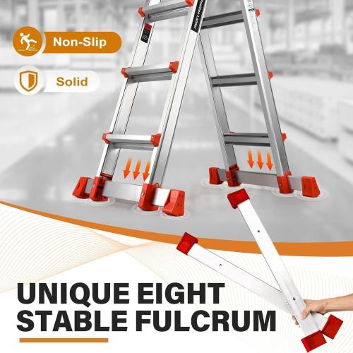 Size 19ft color orange HBTower A Frame 5 Step Extension Ladder, 19 Ft Multi Position Ladder with Removable Tool Tray and Stabilizer Bar, 330 lbs Capacity Telescoping La dder for Household and Outdoor Work (Orange, 19FT)
