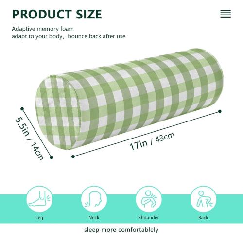Green Stripes Plaid Neck Pillow Cervical Neck Roll Pillow with Removable Washable Cover Memory Foam Neck Pillows for Sleeping Support Cylinder Pillows for Bed Back Legs Yoga 5.5 x 17 inches