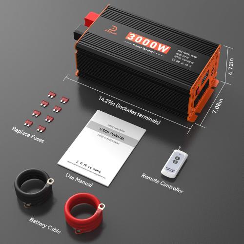 3000W Power Inverter 12V DC to 110V/120V AC Converter for RV/Truck/Boat/Camping/Off-Grid Solar Car Power Inverter Peak Power 6000W with 3 AC Outlets,USB & Type-C Port, Remote Controller & LCD Screen