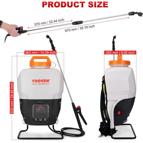 Toovem 4 Gallon Battery Powered Backpack Sprayer - Electric Garden Sprayer with 18V Strong Battery, Automatic Pressurization, 4 Nozzles, Comfortable Design for Lawn, Garden, Farms & Orchards Spraying