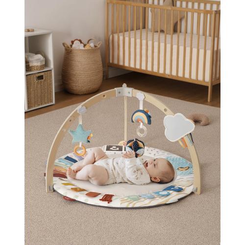 Blissful Diary Baby Play Gym & Activity Mat, 5 Developmental Zones Wooden Tummy Time Mat with 6 Detachable Sensory Toys for Motor Skills & Sensory Development, Baby Essentials Shower Gift