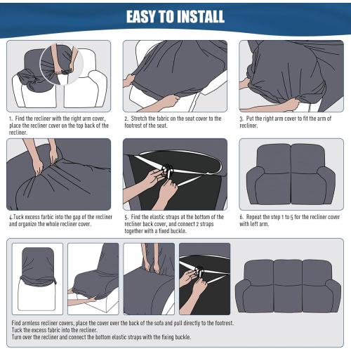 TAOCOCO Recliner Sofa Slipcover, 3 Pieces Polyester Fabric Stretch Sofa Covers for 3 Seat Reclining Couch, Soft Washable Furniture Protector with Pockets (3 Seat, Dark Gray)