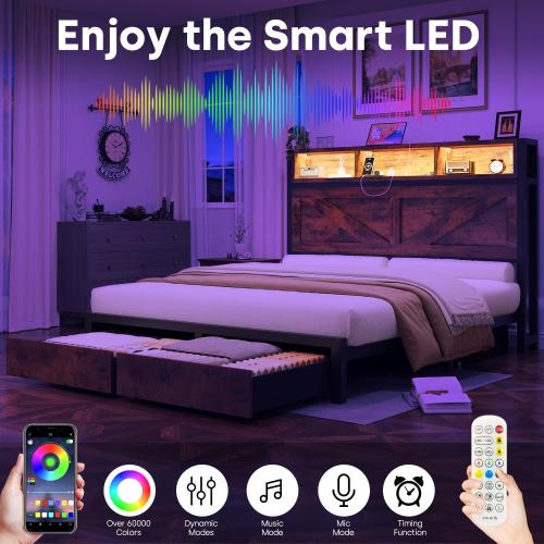 Incyneva Farmhouse Full Bed Frame with Bookcase Storage Headboard, Charging Station, LED Light and 2 Storage Drawers, Noise Free, No Box Spring Needed, Brown