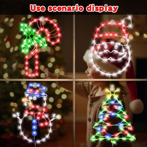 4 Pack Christmas Window Silhouette LED Lights Decorations, Santa Claus, Xmas Trees, Candy Cane, Snow Man Christmas Window Light with 50 Bulbs for Holiday Wall Door Glass Decorations