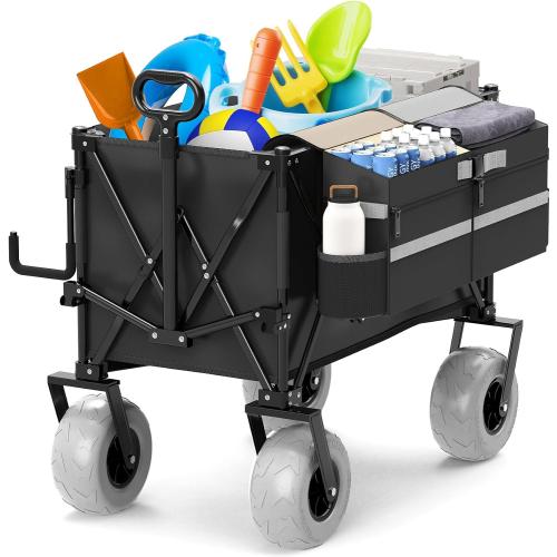 Color Black  Beach Wagon with Big Wheels for Sand,Heavy Duty Collapsible Wagon with All-Terrain 9 Pneumatic Tires and Detachable Cooler, Utility Beach Cart for Garden Sports Camping Activities