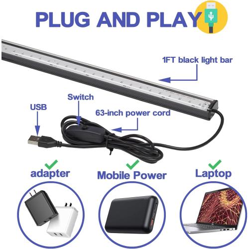 Black Light Bar 10W UV Blacklight Strip for Glow Party: 1ft USB Portable LED Party Supplies for Body Paint Stage Fluorescent Tapestry Poster Halloween Club Bedroom Cabinets Decor Urine Detect 2 Pack