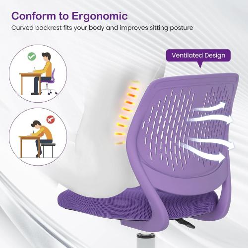 Kids Desk Chair, Adjustable Children Study Chair, Swivel Armless Mesh Task Office Chair, Computer Desk Chair with Adjustable Height & Lumbar Support (Purple)
