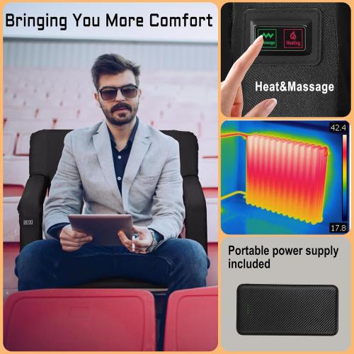 Heated Massage Reclining Stadium Seat, Bleacher Chair with 10000mAh Portable Bank, 6 Reclining Positions for Camping, Games & Sports