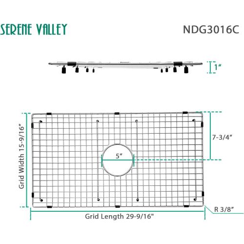 Serene Valley Sink Bottom Grid 29-1/2 X 15-9/16, Centered Drain with Corner Radius 3/8, Sink Protector NDG3016C