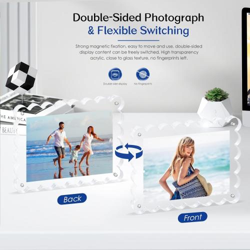 2Pack Acrylic Magnetic Photo Frame 5x7 Inch - Sleek Scalloped Design, 10 10mm Thick Crystal Clear Block, Freestanding Double-Sided Magnet |Trendy Home Gift (2 Pack, 5X7)