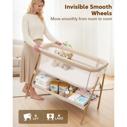 Baby Bassinet, Bedside Bassinet for Baby, Bassinet Bedside Sleeper with Mattress, Storage Basket and 4 Auto-Lock Wheels, Full-Mesh Sides, Bedside Mini Crib for Newborn (Beige)