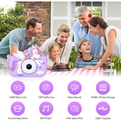 Unicorn Toys Camera for Kids Girls Age 3-8, Toddler Kids Digital Camera Christmas Birthday Gifts for 3 4 5 6 7 8 Years Old Girl, Cute Selfie Video Camera, HD 1080P, 32GB SD Card, Purple