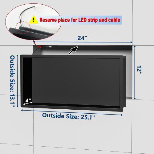 Neodrain LED Shower Niche, 24X12 Matte Black Recessed Wall Niche, Tile Ready Stainless Steel Bathroom Niches with 3000K Led Light, IP66 Waterproof, No Tile Needed