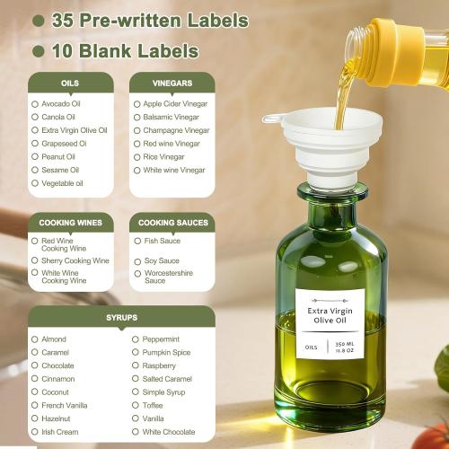 COOLMI Oil Dispenser for Kitchen - 12oz/350ml, Set of 2 Extra Thick Food Grade Glass Olive Oil Dispenser Bottle with Cleaning Brush, Stickers and Funnel (Black)