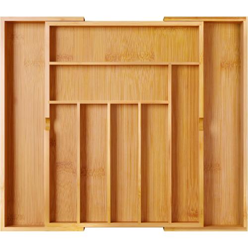 BAMEOS drawer organizer flatware organizer cutlery tray silverware organizer expandable adjustable bamboo drawer organizer kitchen bathroom