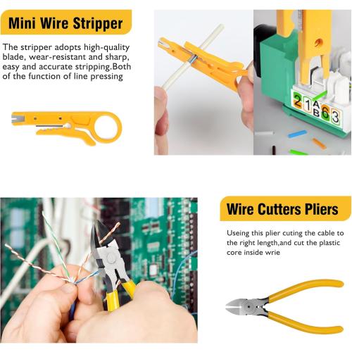 Yellow Wakhow RJ45 Crimp Tool Kit, Ethernet Pass Through Crimper, Network Cat5 Cat6 Cat7 Crimping Tool Repair Kit Includes Cable Tester, Mini Stripper, Blades, 50Pcs Connectors and Strain Relief Boots