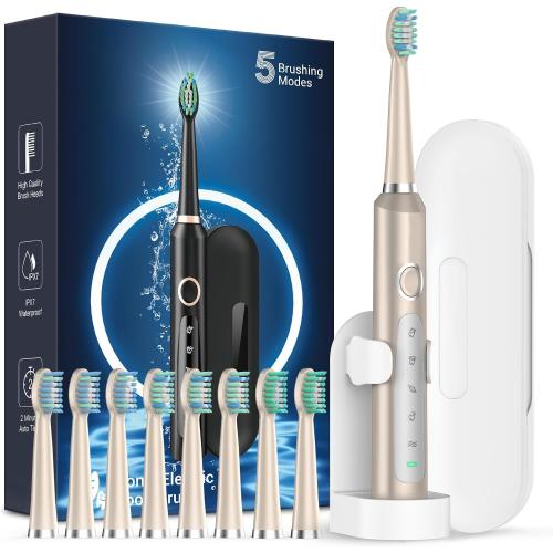 Rtauys M5 Sonic Electric Toothbrush for Adults - Rechargeable Electric Toothbrushes with 8 Brush Heads & Holder, Travel Case, Power Electric Toothbrush，3 Hours Charge for 120 Days - Champagne Gold