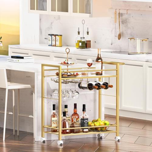 Bar Cart,Home Bar Serving Cart with Storage Shelves, 2 Tier Rolling Beverage Cart with Wheels, Modern Wine Cart with Wine Rack and Glass Holder for Kitchen, Living Room,Dinning Room,Gold