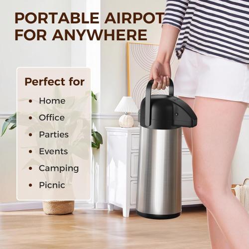 Coffee Carafe for Keeping Hot - 102OZ / 3L Airpot Coffee Dispenser with Pump - Large Coffee Thermos for Hot Drinks Tea Liquid - Insulated Stainless Steel Hot Water Beverage Dispenser Urn for Parties
