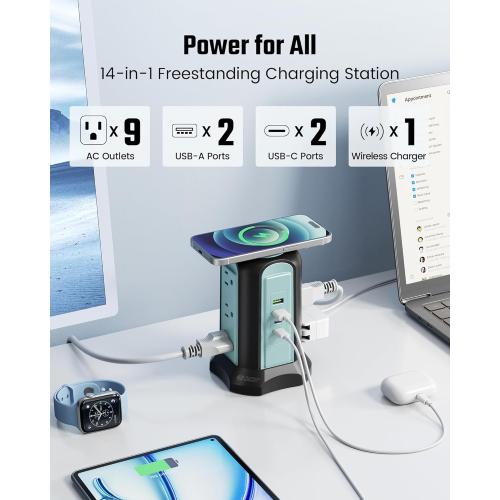 Power Strip Tower Wireless Charger, SUPERDANNY Surge Protector Tower, 10A 1080J Charger Station with 9 Outlets & 4 USB Ports, Extension Cord 10ft for Laptop Phone Black and Blue