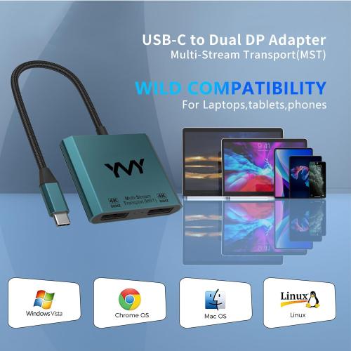 USB C to Dual DisplayPort Adapter, YMY Dual Monitor Connector 4K 60Hz, Type C to DP Screen Splitter for 2 Monitors Compatible with MacBook Pro/Air, Pad, Surface, Dell, Galaxy, Chromebook