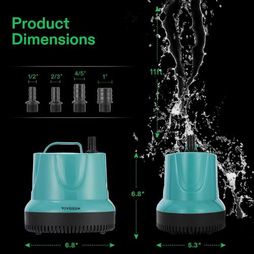 VIVOSUN 1150GPH 100W Submersible Pump for Fish Tank, Pond, Aquarium, Hydroponic Systems with 5ft Power Cord and 4 Nozzles Blue