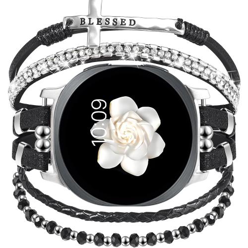 Boho Leather Bracelet for Samsung Galaxy Watch 8/7/6/5/4 Band 40 44mm Women, 20mm Cute Beaded Multilayer Strap for Galaxy Watch 8 Classic 6 4 Classic 43mm 47mm 42mm 46mm/Watch 5 Pro 45mm /Active2