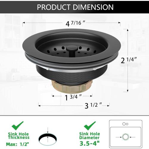 Black Sink Drain 3-1/2 Inch Matte Black Kitchen Sink Drain Strainer Assembly Kit with Strainer Basket and Drain Stopper for Standard Kitchen Sink Stainless Steel