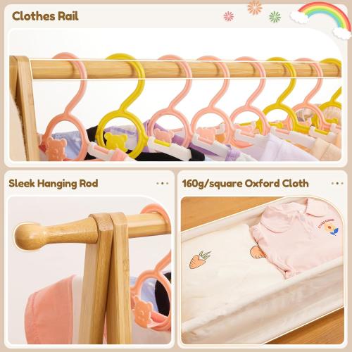 Kids Clothing Rack with Storage Box, Dress up Holder, Child Garment Stand with Hanging Rods, Small and Foldable, Bamboo (Natural)