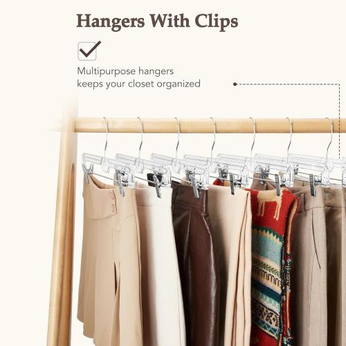 HOUSE DAY Clear Pants Hangers with Clips 25 Pack, Non-Slip Skirt Hangers for Women, Upgraded Heavy Duty Plastic Clip Hanger for Pants, Trousers, Jeans, 14 Short Hanger, 360-Rotating Swivel Hook