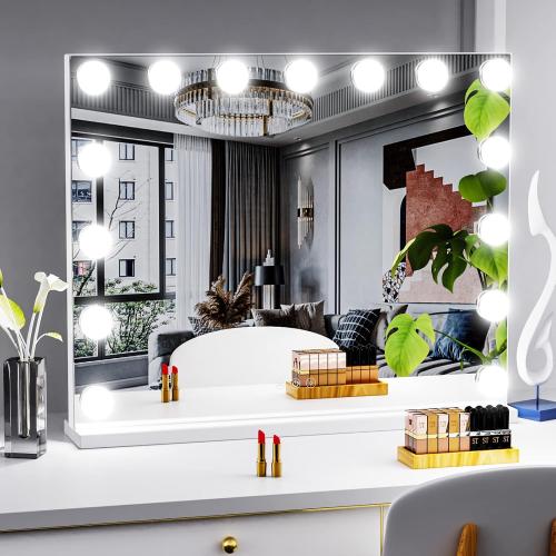Vanity Mirror with Lights Lighted Makeup Mirror with 15 Dimmable LED Bulbs,3 Color Lighting Modes,USB Charging Port Touch Control,Sturdy Metal Frame Design 24x18 Inch,White