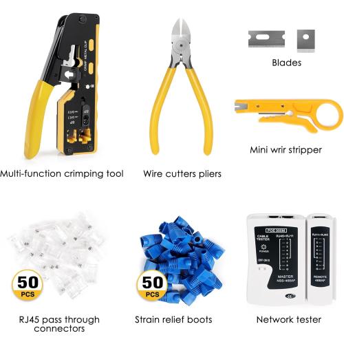 Yellow Wakhow RJ45 Crimp Tool Kit, Ethernet Pass Through Crimper, Network Cat5 Cat6 Cat7 Crimping Tool Repair Kit Includes Cable Tester, Mini Stripper, Blades, 50Pcs Connectors and Strain Relief Boots
