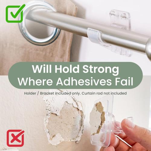 No Adhesive Heavy Duty Curtain Rod Holders with Wide Hook, 5X Stronger Than Adhesive Curtain Rod Hooks,Tension Curtain Rod Bracket for Wall with Pin Guide, Curtain Wall Mount (4 Pack, for 0.75 Rods)