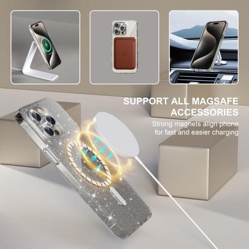 Choiche for iPhone 15 Pro Max Case Magnetic, Women Clear Glitter Bling Sparkly Case, [3xDiamond Camera Lens Protectors] [2xTempered Glass Screen Protectors] [Compatible MagSafe] (Glitter Clear)
