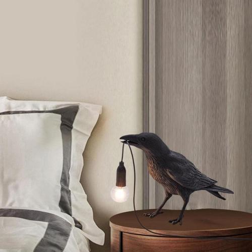 Gothic Raven Table Lamp with E14 Base - Lifelike Crow Bird Desk Light for Bedroom, Bedside & Home Decor - Animal Styling Resin Gothic Lamp (Black)