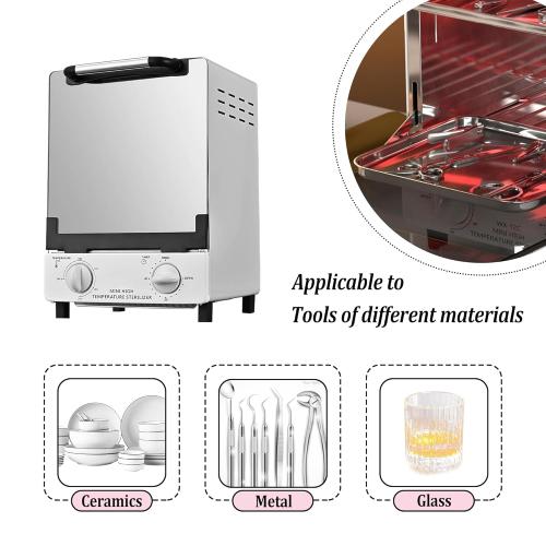 High Temperature Sterilizer, Large Capacity Dry Heat Stainless Steel Sterilizer with Temp and Timer Control, Max timing 60min, Max temperature 250℃ (482℉), With Stainless Trays, 110V power