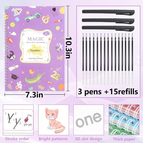 YAMMI Reusable Large Grooved Handwriting Practice Books for Kids, 10.3in×7.3in Magic Practice Copybook, Handwriting Practice Workbook, Copy Books for Preschool Kids Age 3-8