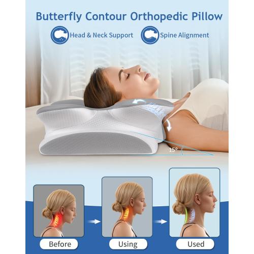 Grey and White Cervical Neck Pillow for Neck Shoulder Pain Relief, Soft Contour Side Sleeper Pillow of 2 Heights, Odorless Q-max Cooling Memory Foam Orthopedic Bed Pillow for Back Stomach Sleeper
