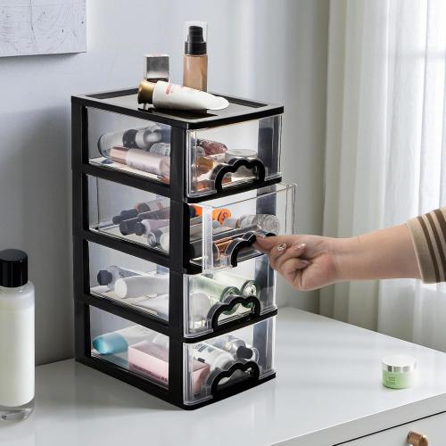 Desktop Organizer with 4 Drawers, Clear Plastic Storage Drawer Unit, Small Desk Organizer Storage Box, Durable Storage Bin Container Case for Countertop Stationery Pens Makeup Office Supplies