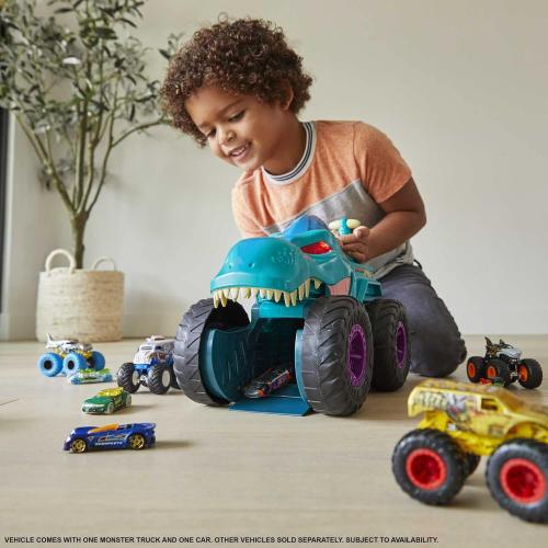 Hot Wheels Monster Trucks Car Chompin' Mega-Wrex, Large Toy Monster Truck & Toy Car, Eats & Poops 1:64 Scale Vehicles, Lights & Sounds