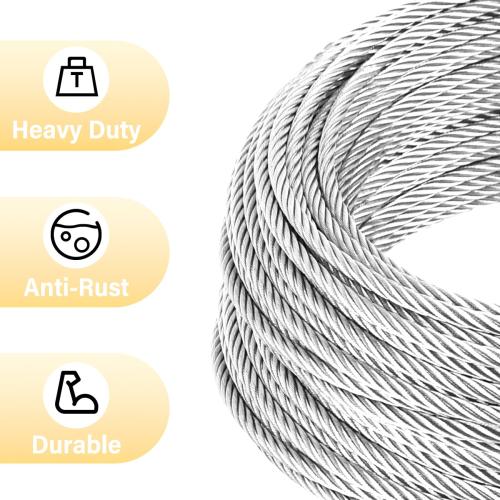 1/2 Steel Cable, Sunwuk 30Ft 7x19 Strand Aircraft Cable with Loops, 23000 Lbs Breaking Strength, Heavy Duty Wire Rope with Clamps and Thimbles for Zipline, Industrial, Towing, Winch Cable