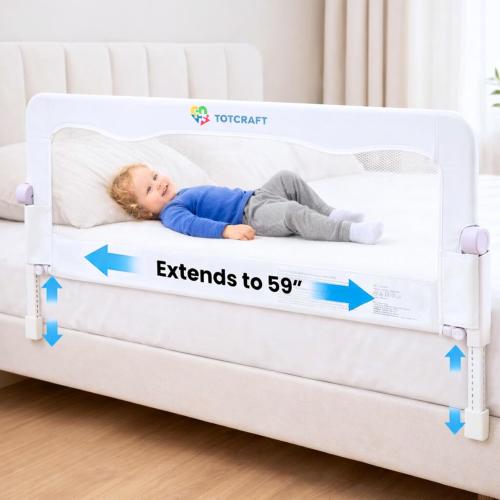 TotCraft FlexGuard Adjustable Length & Height Bed Rail for Toddlers – Fits Twin, Full, Queen & King Beds – 35.5″ or 59″ Two Fixed Lengths – 14 Height Levels –Bed Guard Rail for Toddlers (White)
