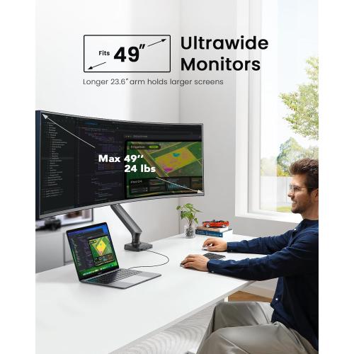 Single Monitor Mount for 13-49 Inch Screens up to 24 lbs, Ergonomic Adjustable Monitor Arm with Built-in USB 3.0 Hub, Space-Saving VESA Desk Mount for Home Office & Gaming, C-Clamp & Grommet Base