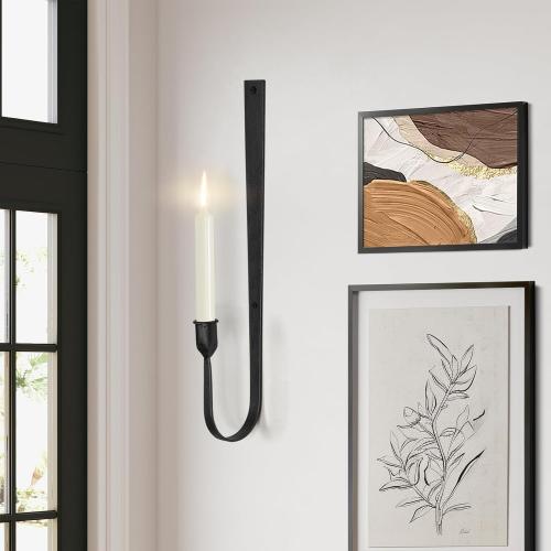 Black Wall Candle Holder Set of 2, Metal Wall Mount Candle Sconces Holder, Modern Wall Decoration for Living Room, Dining Room, Fireplace, and Weddings