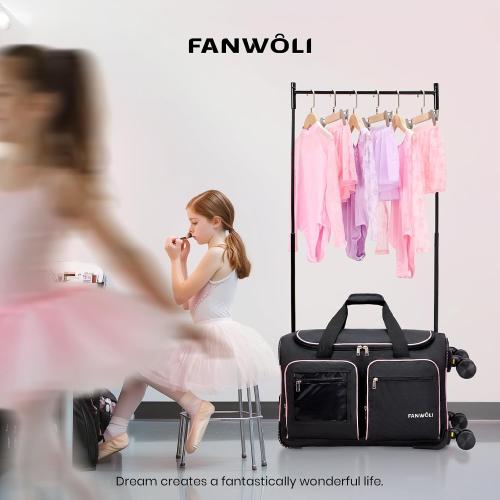 Fanwoli 23 Dance Bag with Garment Rack 4 Wheels | Detachable 360° Wheels | Ultra-Light Collection | Ideal Competition Duffle Bag for Dream, Black with Pink Trim