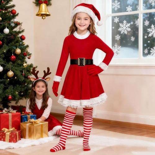 Kids Large Girls Santa Dress - Mrs Claus Costume Christmas Outfit with Belt Socks Hat Gloves