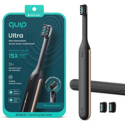 Color Black Quip Ultra Next Generation Smart Toothbrush - Timed Electric Toothbrush with Case - Replaceable Brush Head, Soft Bristles, Silicone Handle, 30-Day Battery Life - Travel Toothbrush - Eclipse
