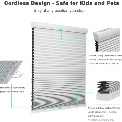 MYshade Blackout Cordless Cellular Shades Honeycomb Shade for Indoor Windows Room Darkening Blinds for Home Office Pull Down Window Shades Easy to Install 30 inch Wide, H36 Pleated Shade White