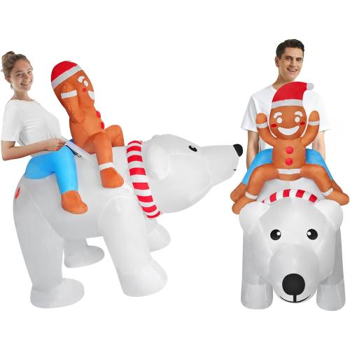 Funny Inflatable Gingerbread Man Riding On Polar Bear Costume Blow-Up Outfit for Adult/Christmas Parade/Halloween